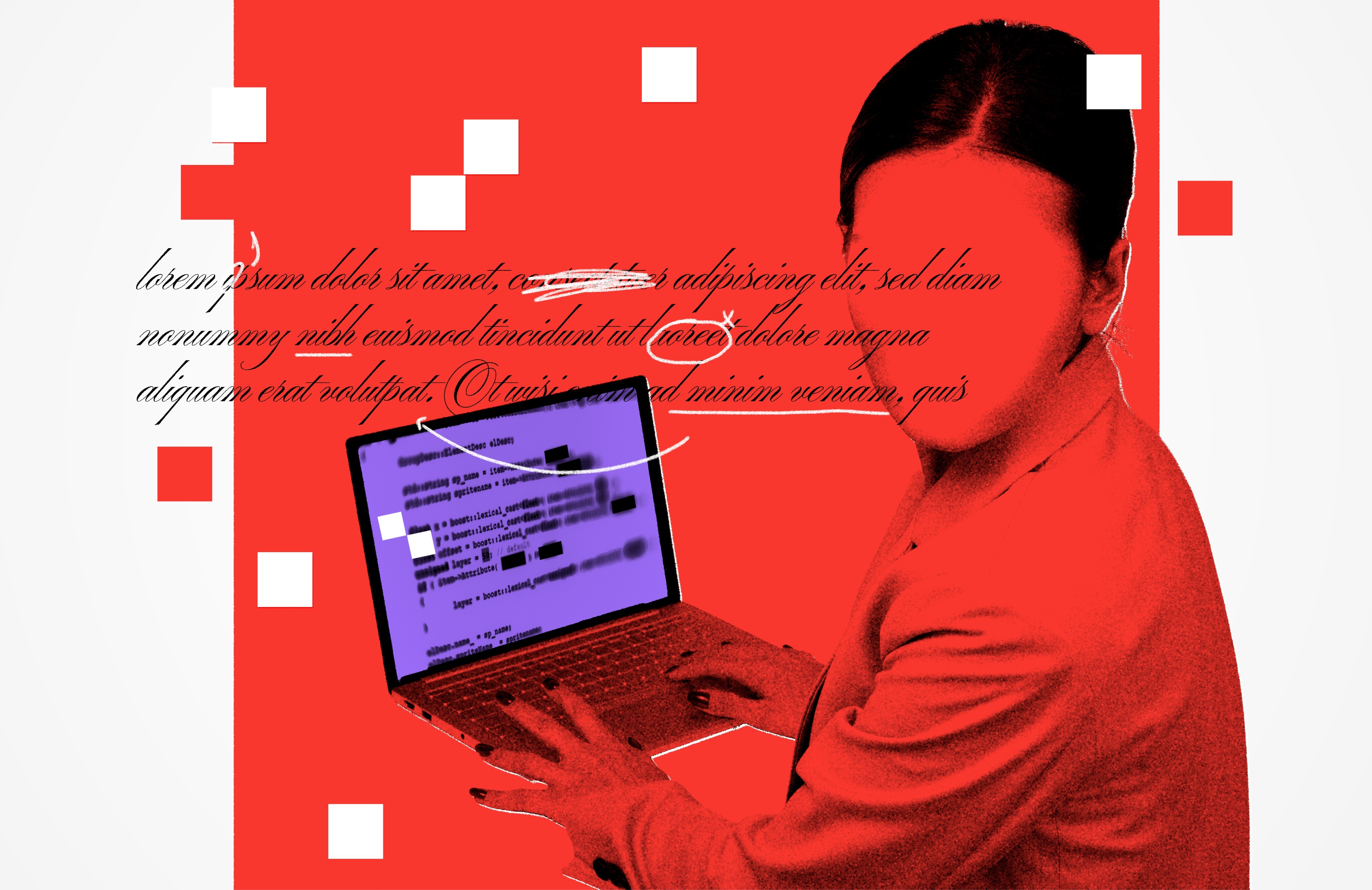 Mulher com rosto coberto por uma mancha vermelha, digitando em um laptop com tela roxa exibindo código. O fundo vermelho tem texto ilegível e quadrados brancos e vermelhos espalhados