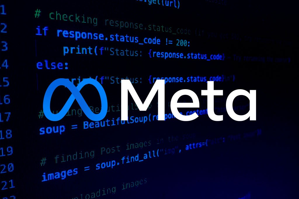 O logotipo da Meta, um símbolo do infinito azul e a palavra Meta em branco, sobreposto a um código de programação em azul e verde em um fundo escuro